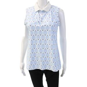Designer Women Basic Polo Collared Sleeveless Light Blue Geometric Size M